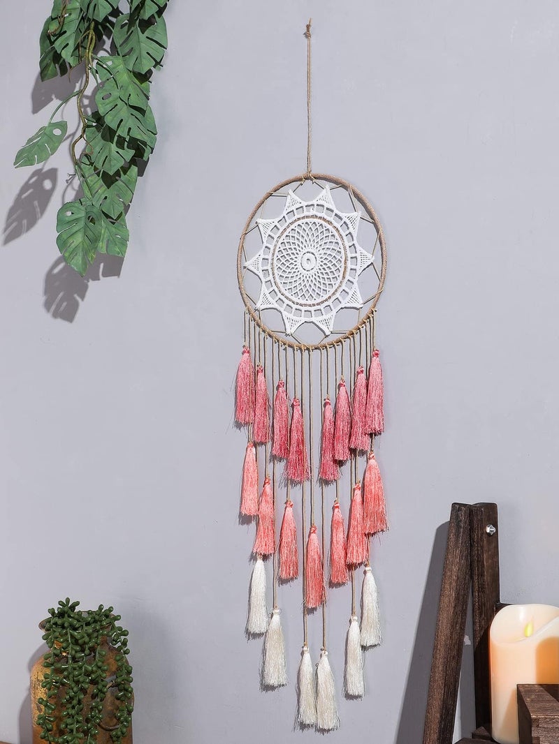 Artilady Macrame Dream Catchers for Bedroom - Tassel Wall Hanging Handmade Dreamcatchers Home Decor with Tassel Feather Ornament Craft Blessing Gift (Pink) - Image 3